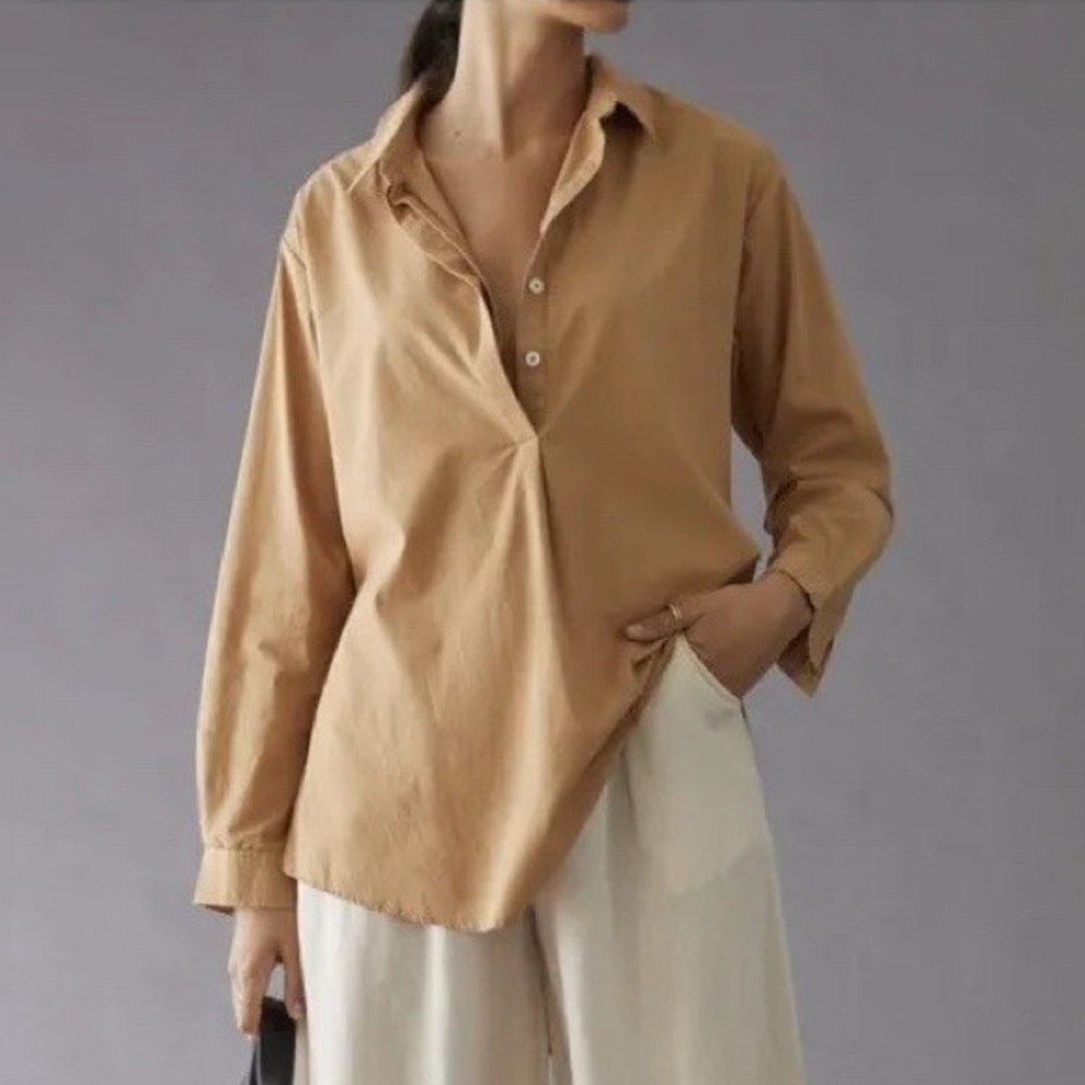 Anthropologie Button Down Side Button Tunic Blouse Copper Tan Size Small S